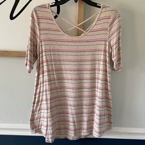Maurices Short Sleeve Lattice Back Blouse Medium